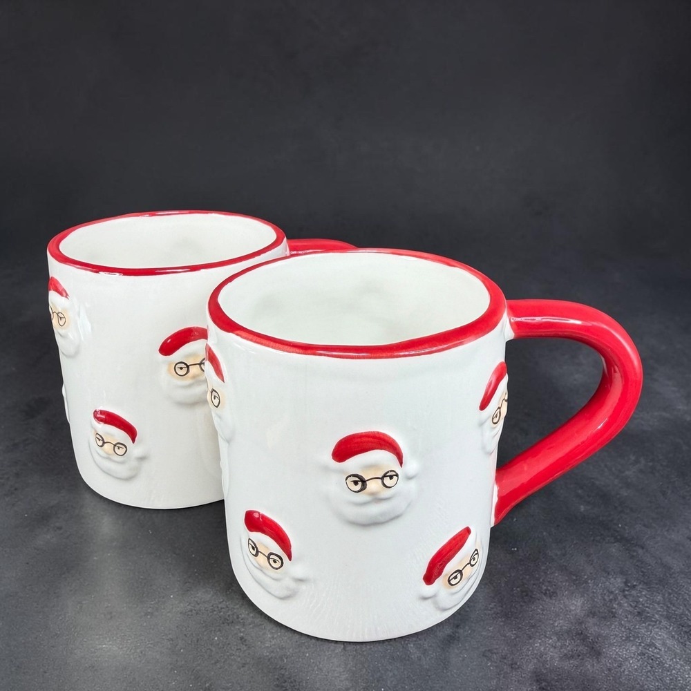 Ashland Christmas Santa Claus Mugs Set 2 Red White Embossed 3D Ceramic Holiday